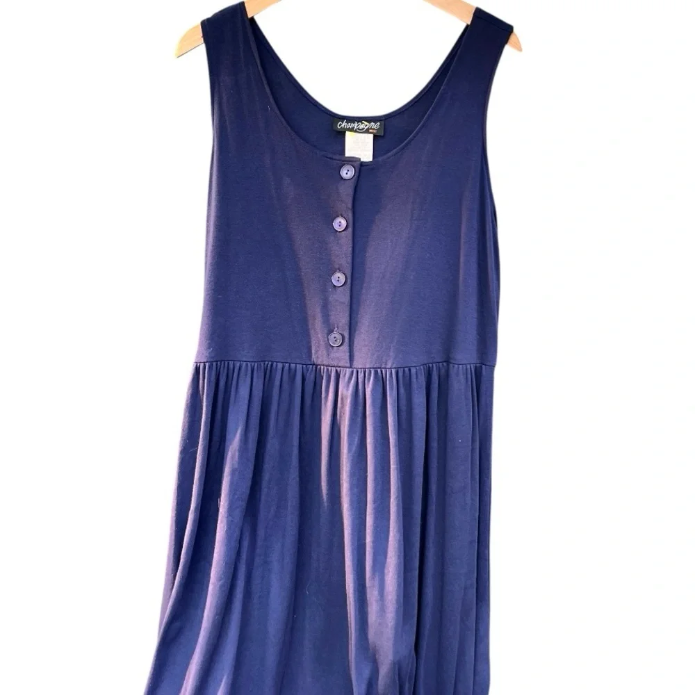 Vtg CHAMPAGNE Maxi Dress Drop-Waist Navy Minimalist Lagenlook NWT 90's‎ X-large